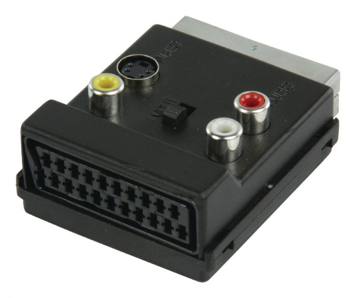 Adaptateur avec fiche Péritel gigogne ET fiche RCA x3 femelle + Svidéo femelle avec Inter In ET Out